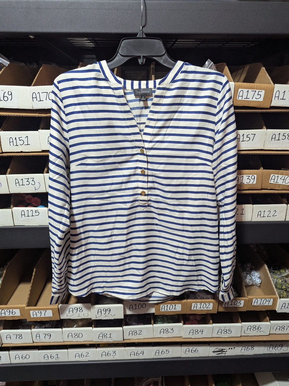 The Limited Navy and White Striped V-Neck Button Top M